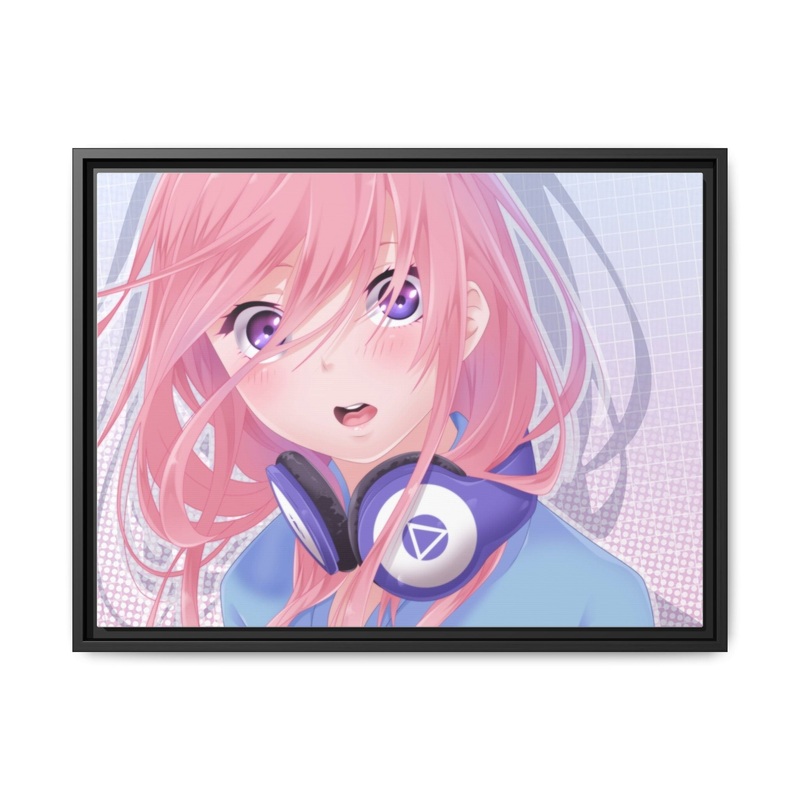 A girl with pink hair and headphones Canvas Framed Art Print