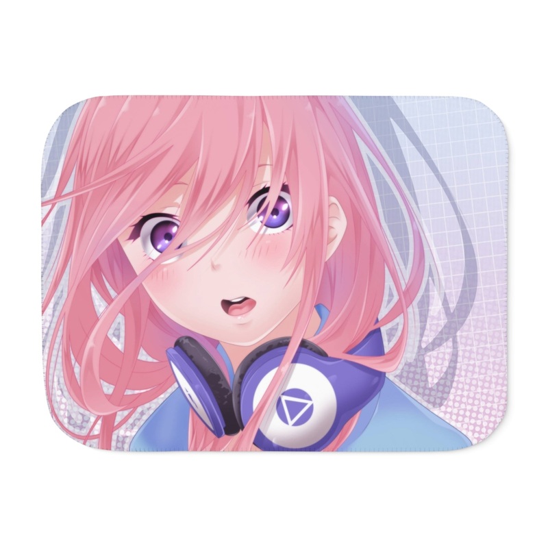 A girl with pink hair and headphones Sherpa Blanket